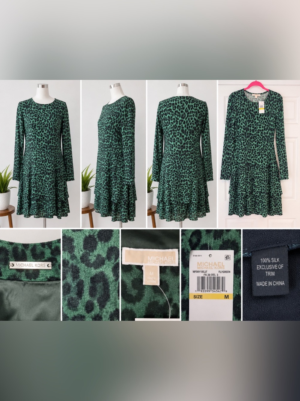 Michael Kors Green and Black Leopard-Print Long-Sleeve Tiered Dress